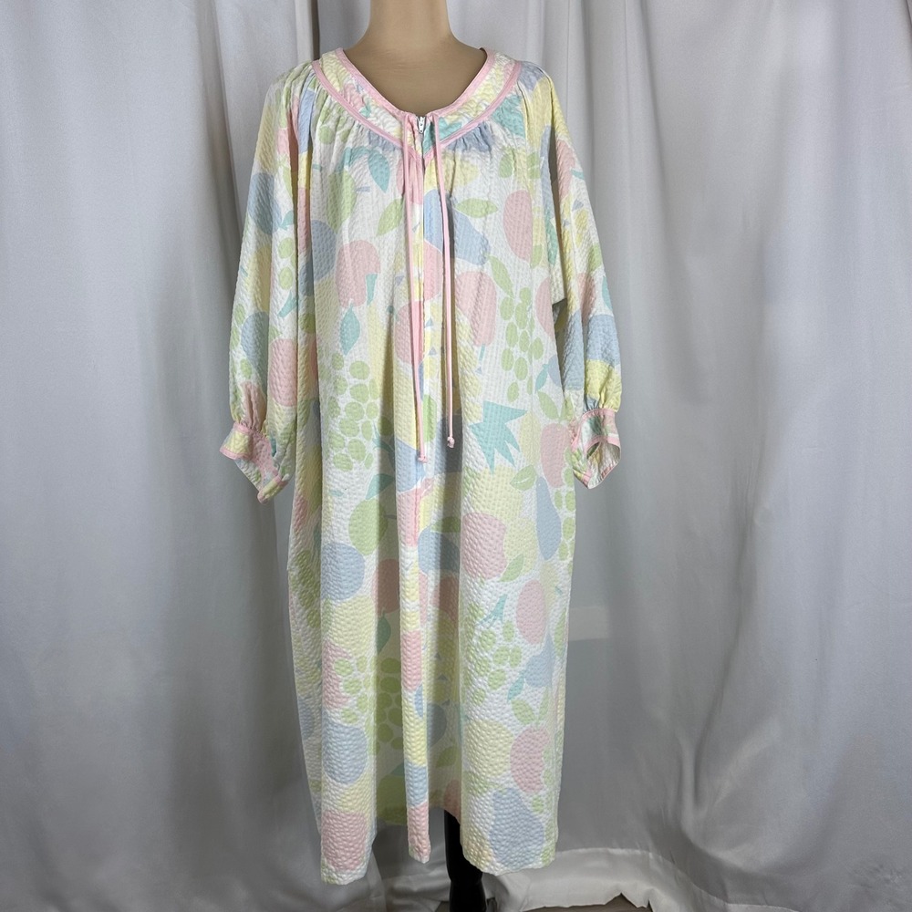 Miss Elaine Pastel Fruit Zip Front House Dress Size M Vintage Robe READ